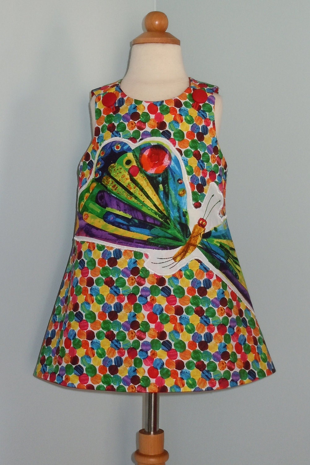 Amelia Dress - Aline/Jumper - Made from Very Hungry Caterpillar Fabric w/Appliqued Butterfly on Dots