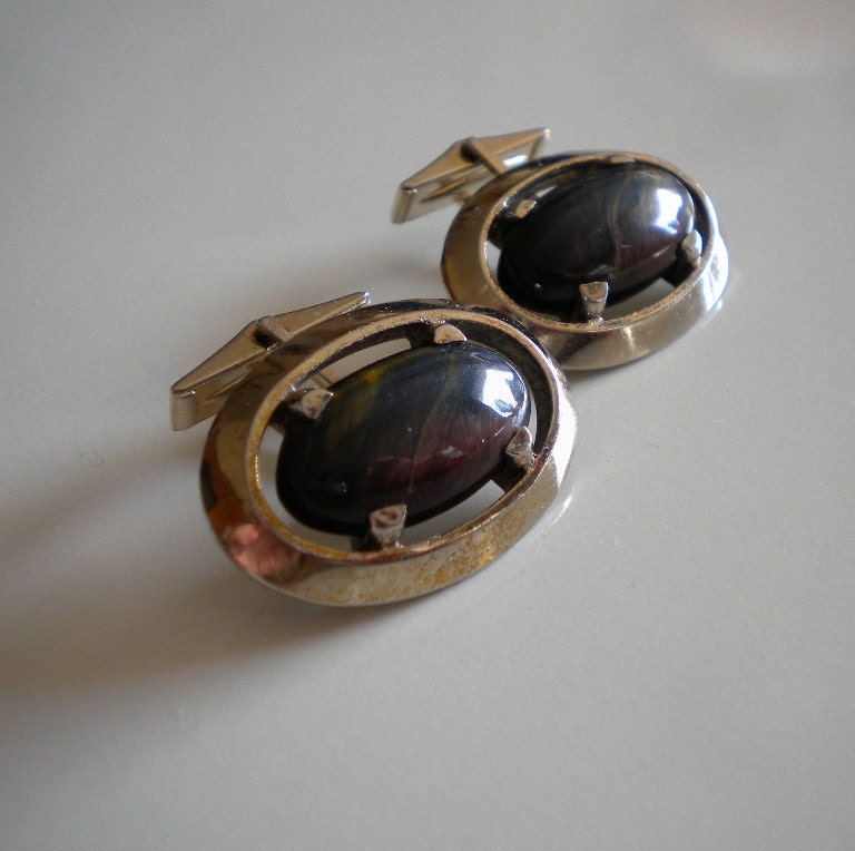 Vintage 1970's Tiger Eye Cufflinks Gold Vermeil Bridal