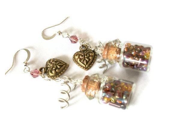 Twirl my heart earrings- miniature bottle earrings decorated with crystals, a heart charm and wire 'twirls'
