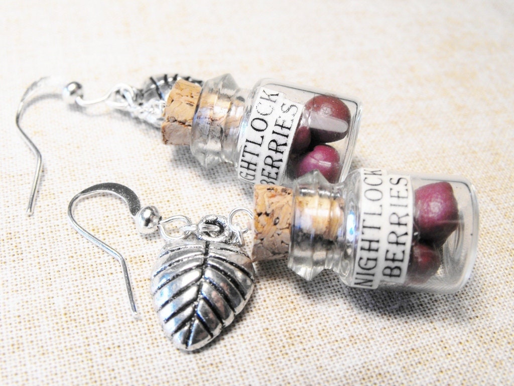 Hunger Games inspired nightlock berry earrings- miniature bottles with polymer clay nightlock berries inside