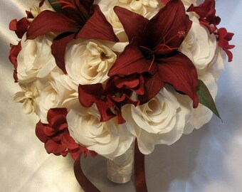 Bridal Bouquet Wedding Package 17 Pieces Silk Flower Decoration BURGUNDY IVORY "Lily Of Angeles"