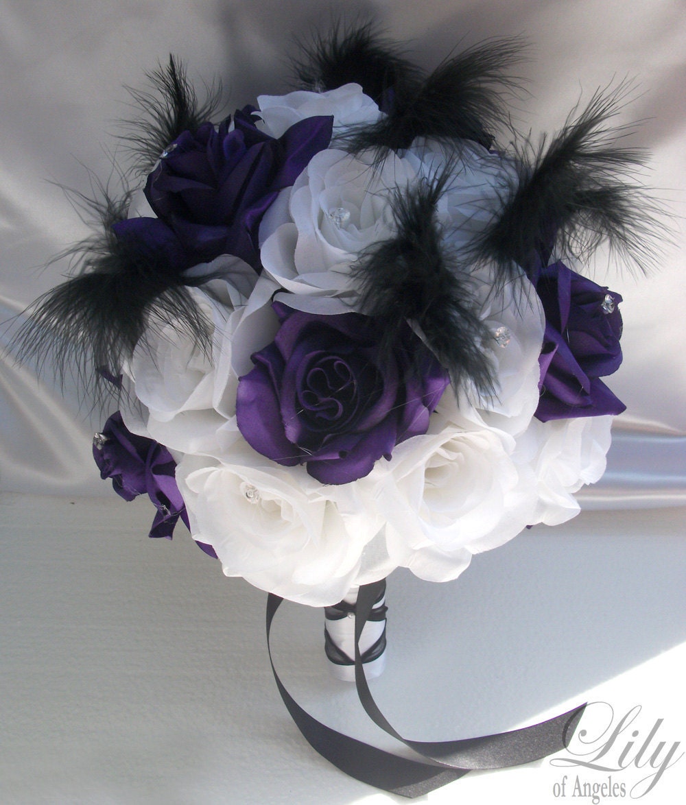 17 Pieces Package Silk Flower Wedding Decoration Bridal Bouquet PURPLE WHITE FEATHERS "Lily Of Angeles"