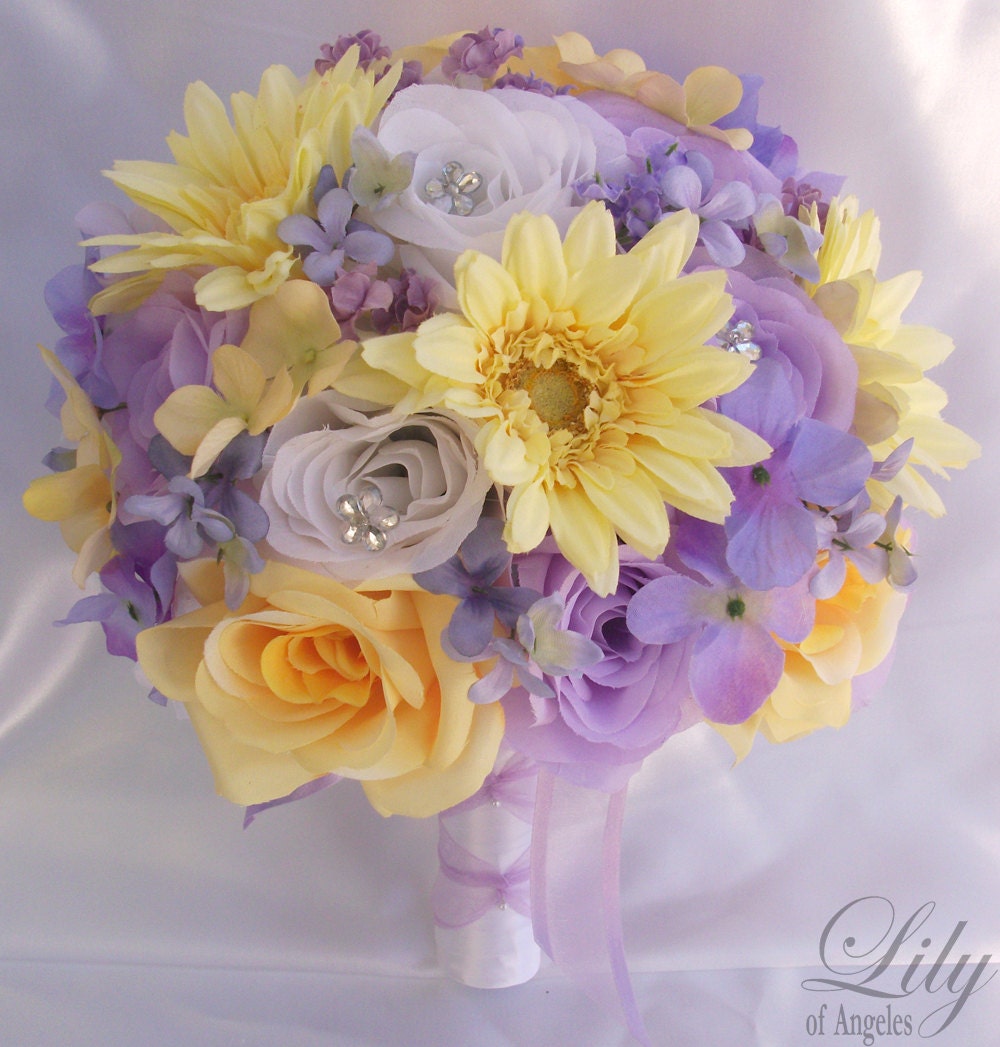 17pcs Wedding Bridal Bouquet Set Decoration Package Silk Flowers WHITE LAVENDER YELLOW "Lily Of Angeles"