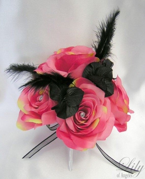 17 Pieces Package Silk Flower Wedding Decoration Bridal Bouquet Fuchsia Black Feather "Lily Of Angeles"