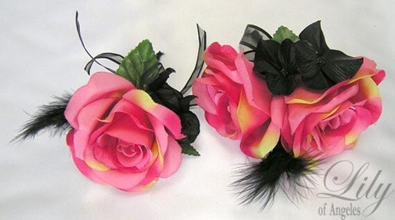 17 Pieces Package Silk Flower Wedding Decoration Bridal Bouquet Fuchsia Black Feather "Lily Of Angeles"