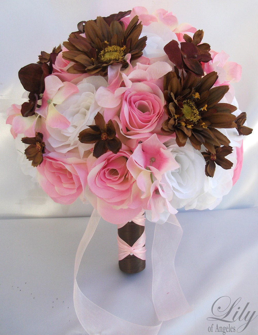 17 Pieces Package Silk Flower Wedding Decoration Bridal Bouquet PINK BROWN "Lily Of Angeles"