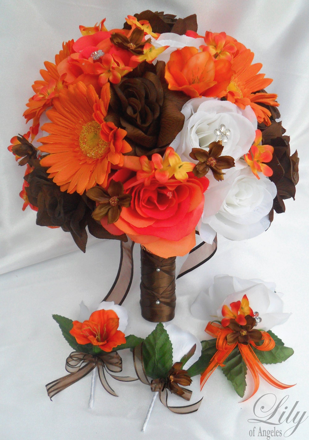 17pcs Wedding Bridal Bouquet Set Decoration Package Silk Flowers WHITE ORANGE BROWN "Lily Of Angeles"