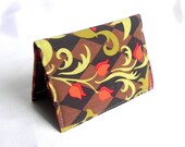 Business Card Holder - Floral in olive green, red and brown