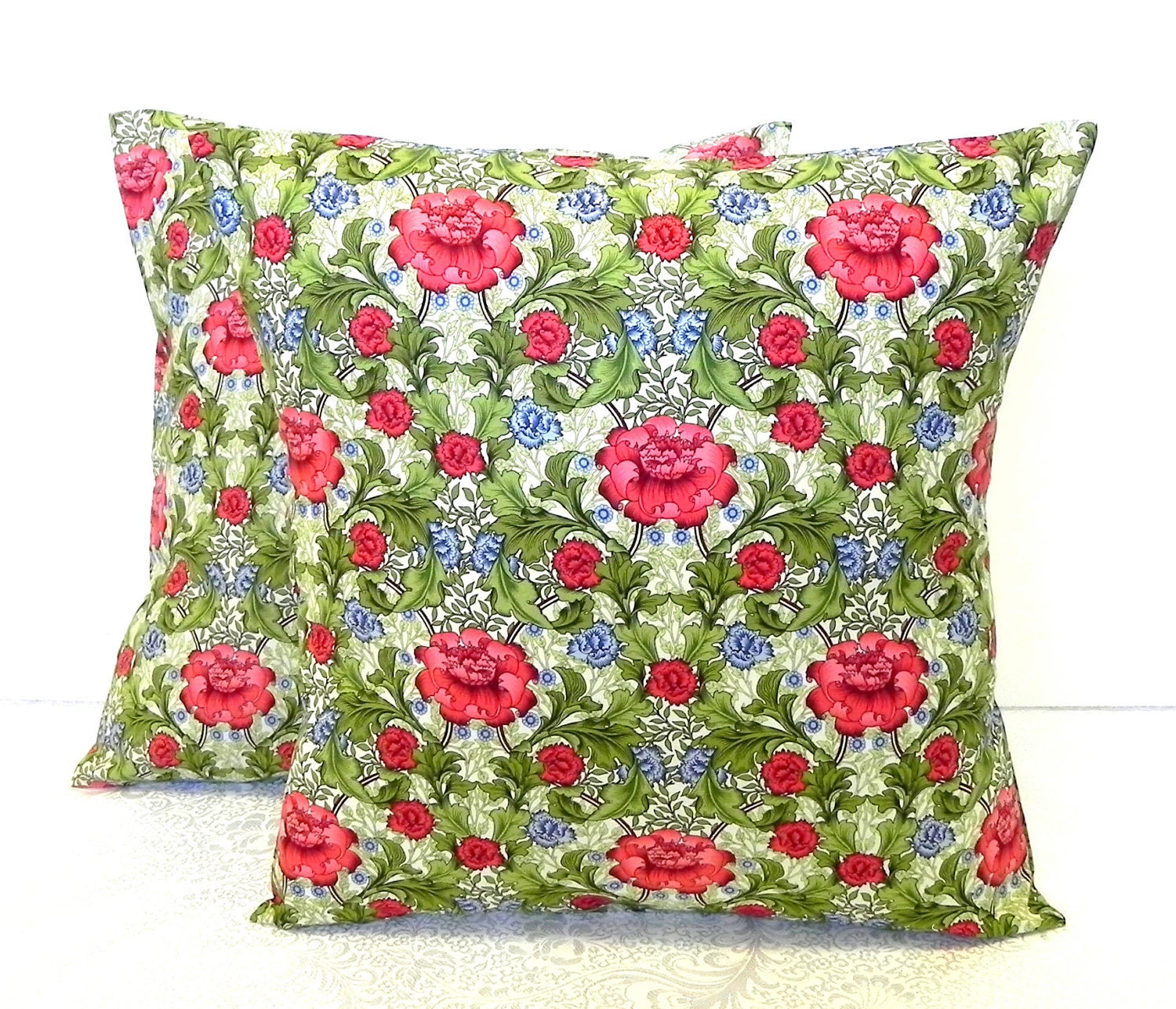 Pillow Covers. Set of Two 16x16. Red Poppies and Blue Carnations floral fabric.
