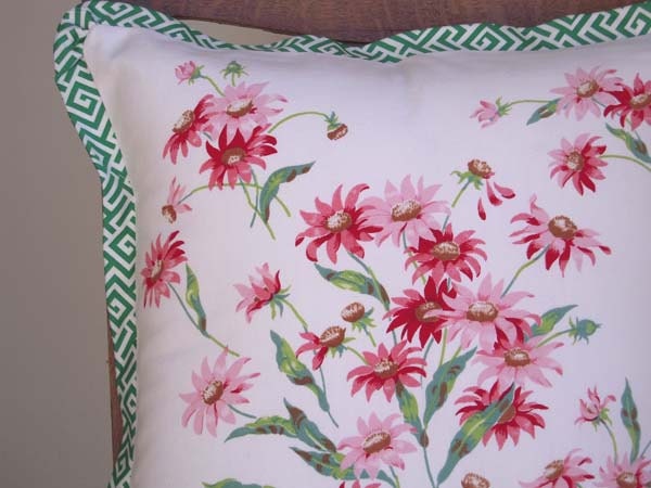 Handmade Decorative Pillow Cover made of a Vintage Tablecloth with Pink Flowers- Valentines Day Gift