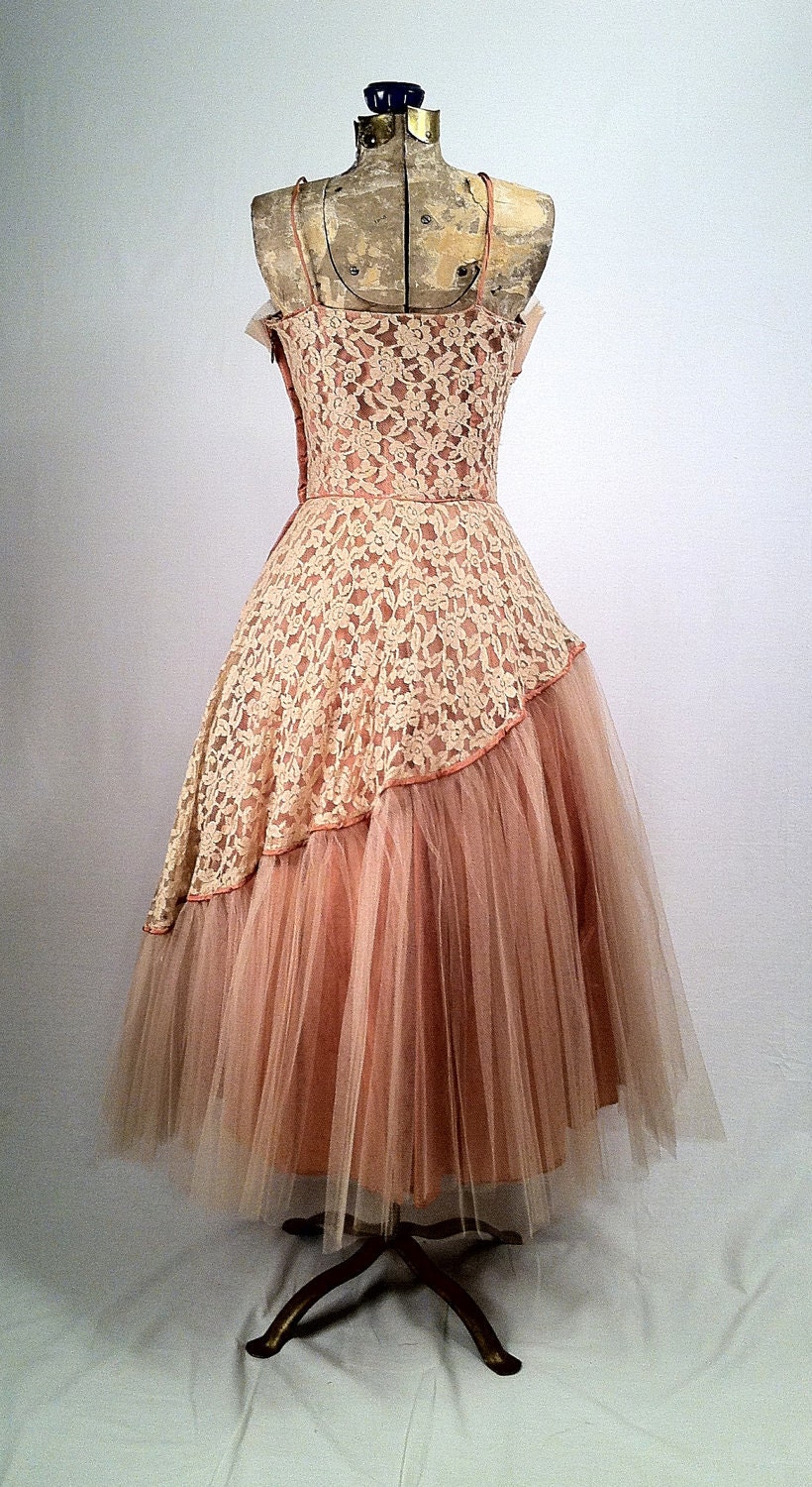 RESERVED Vintage 1950s Coral Lace Gown with Bolero Jacket - Exquisite - Tulle - Lace - Full Skirt