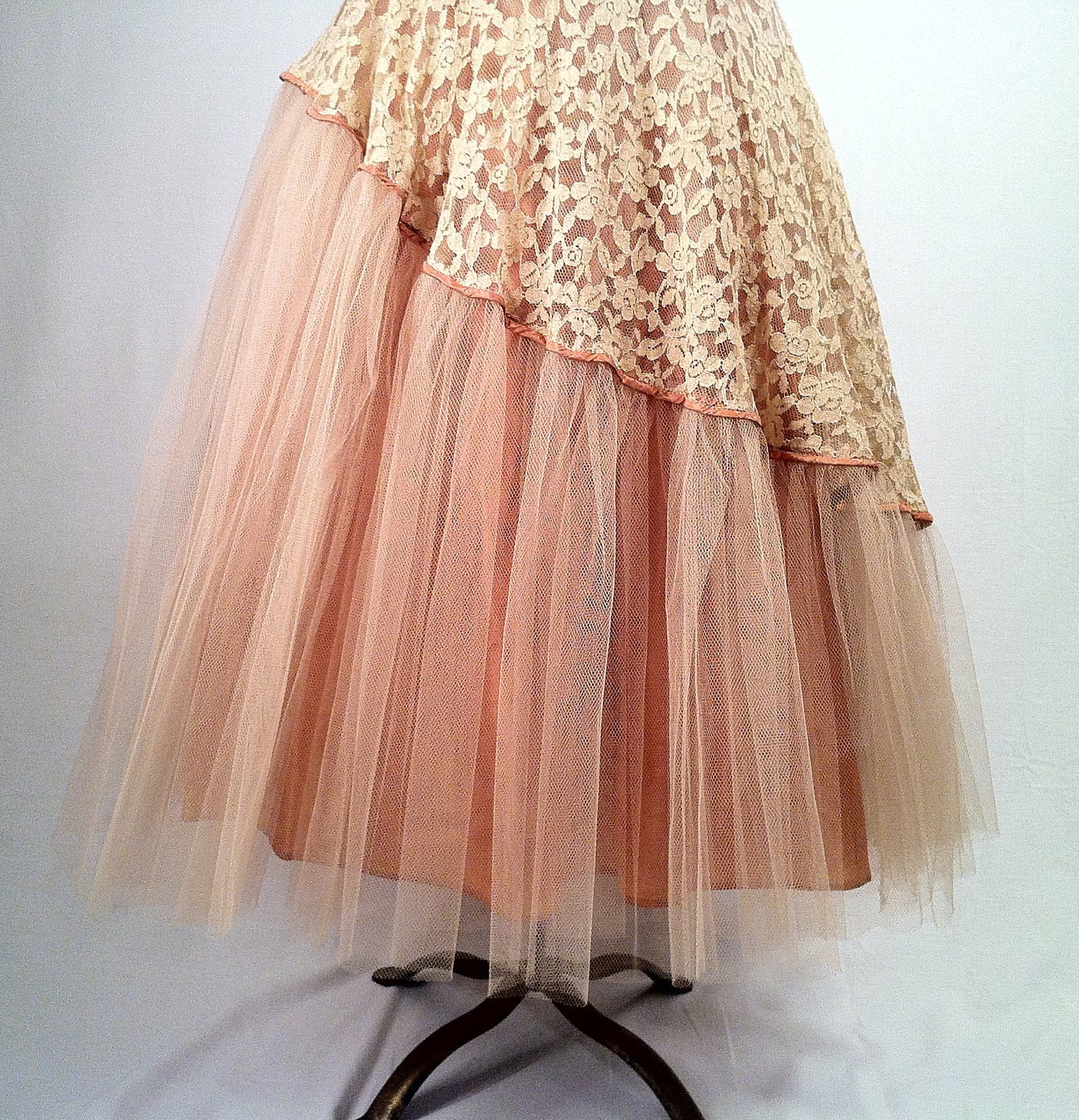 RESERVED Vintage 1950s Coral Lace Gown with Bolero Jacket - Exquisite - Tulle - Lace - Full Skirt