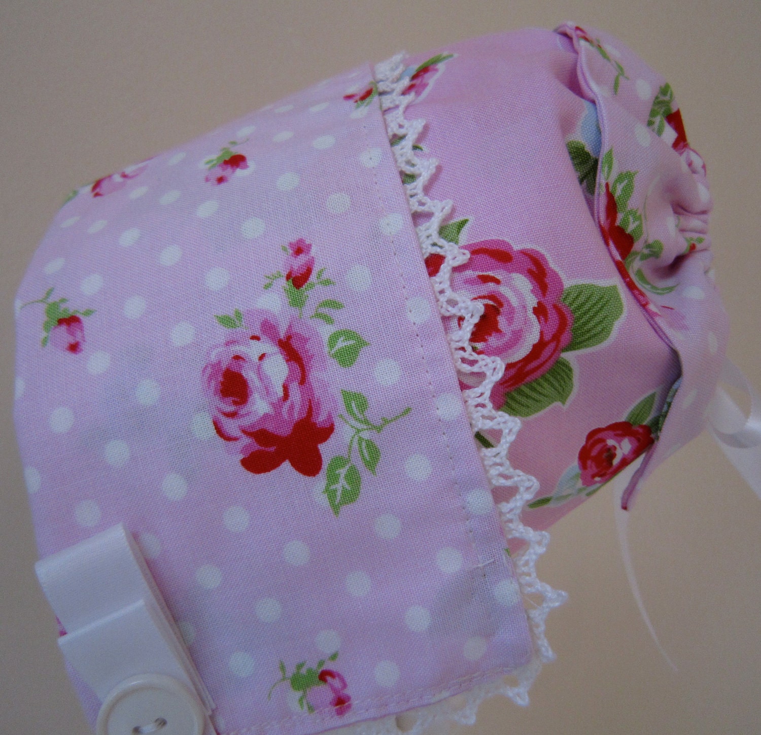 Pink Roses Bonnet and Bib Set