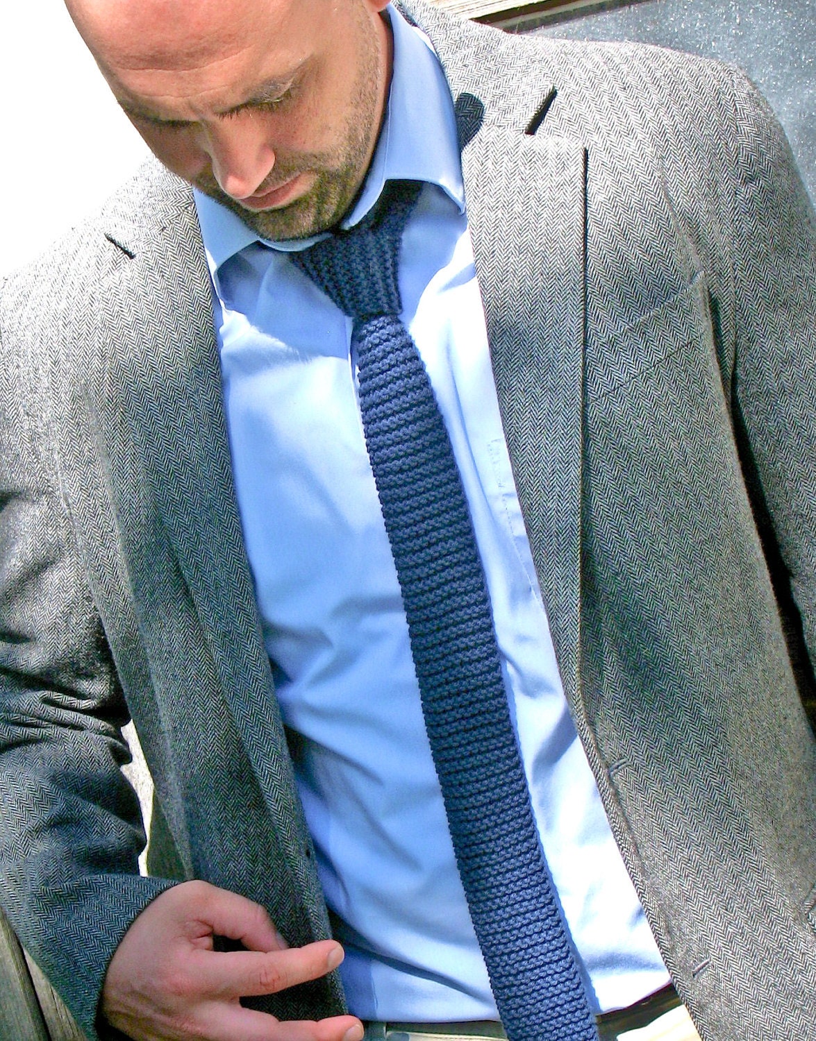 Knit Skinny Tie - Chaucer's in Steel Blue - Handmade Wedding - Vegan Friendly Cotton - Lit Knits