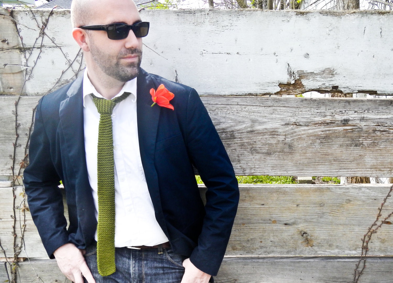 Green Knit Tie Skinny - Olive Green Moss Chaucer's Necktie - Spring Wedding - 100% cotton - Lit Knits