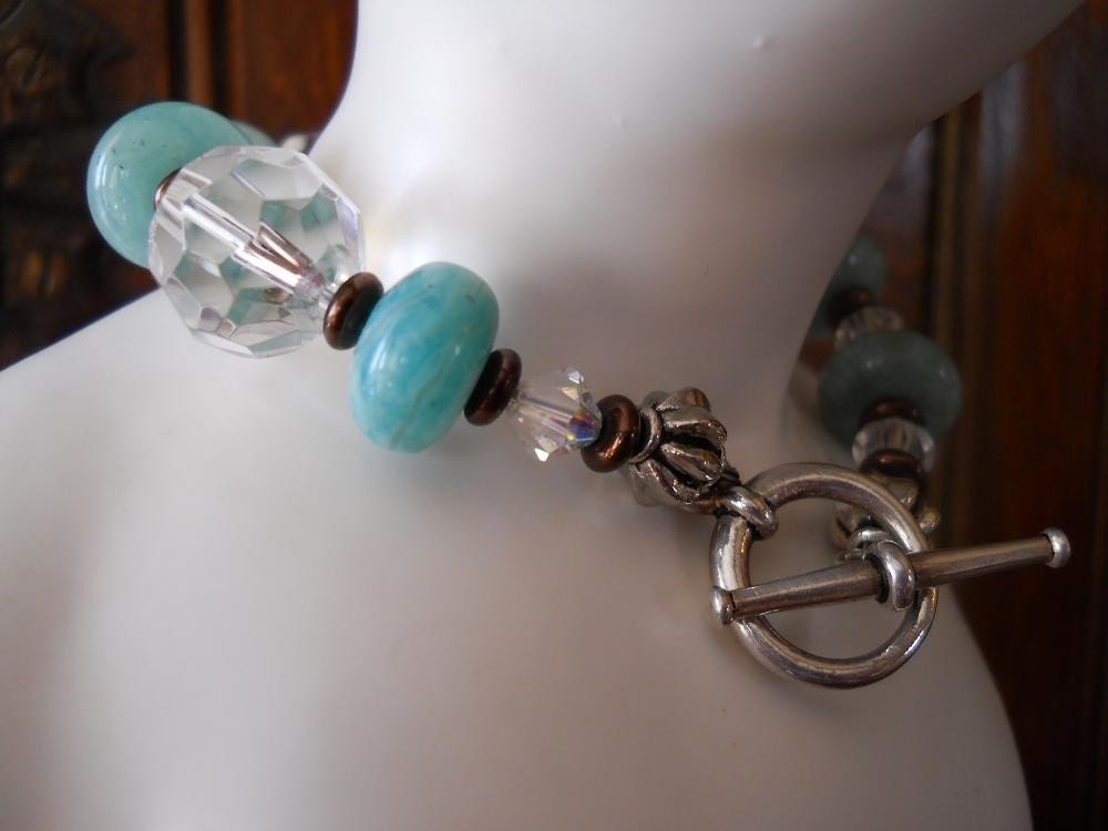 Amazonite bracelet swarovski crystal bracelet faceted round glass bracelet copper brown toggle clasp bracelet