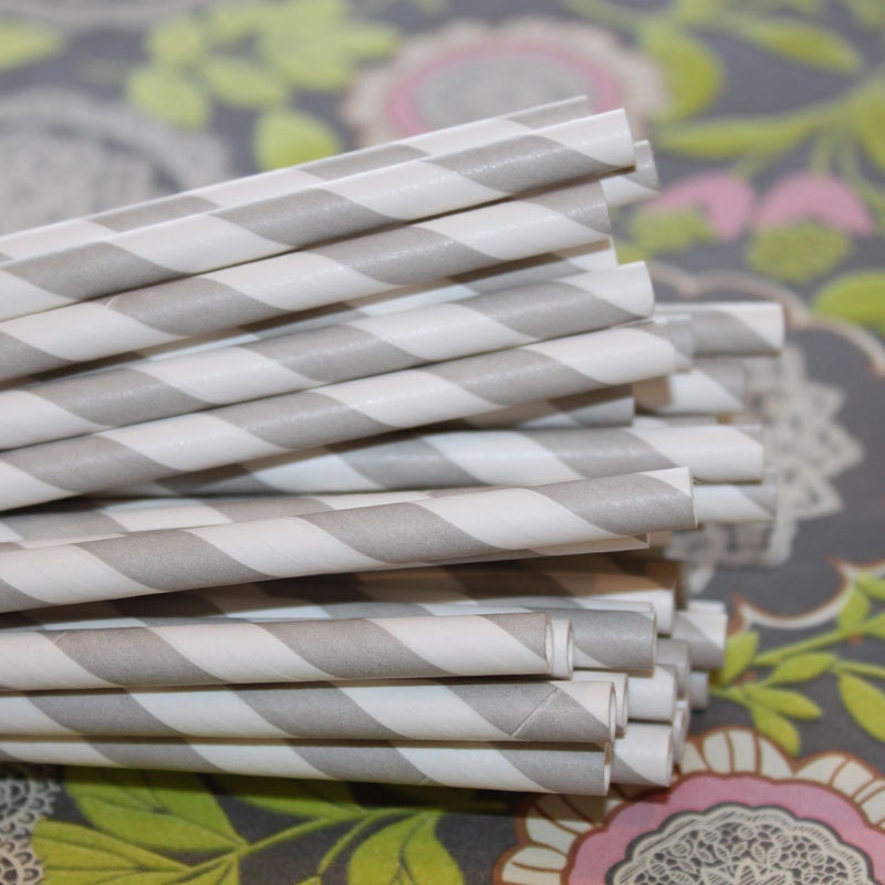 150 Grey Striped Paper Straws with DIY Printable Flags. Wedding, Anniversary, Graduation