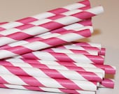 50 Hot Pink Paper Straws Pink and White Striped - Wedding - Birthday - Baby Shower - Made In Usa