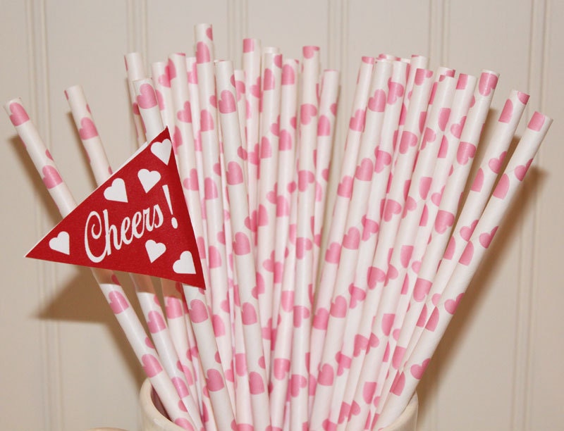 75 PINK HEART Paper Straws, Valentines Day, Drinking Straws, Party, Birthday, Weddind, Made In USA