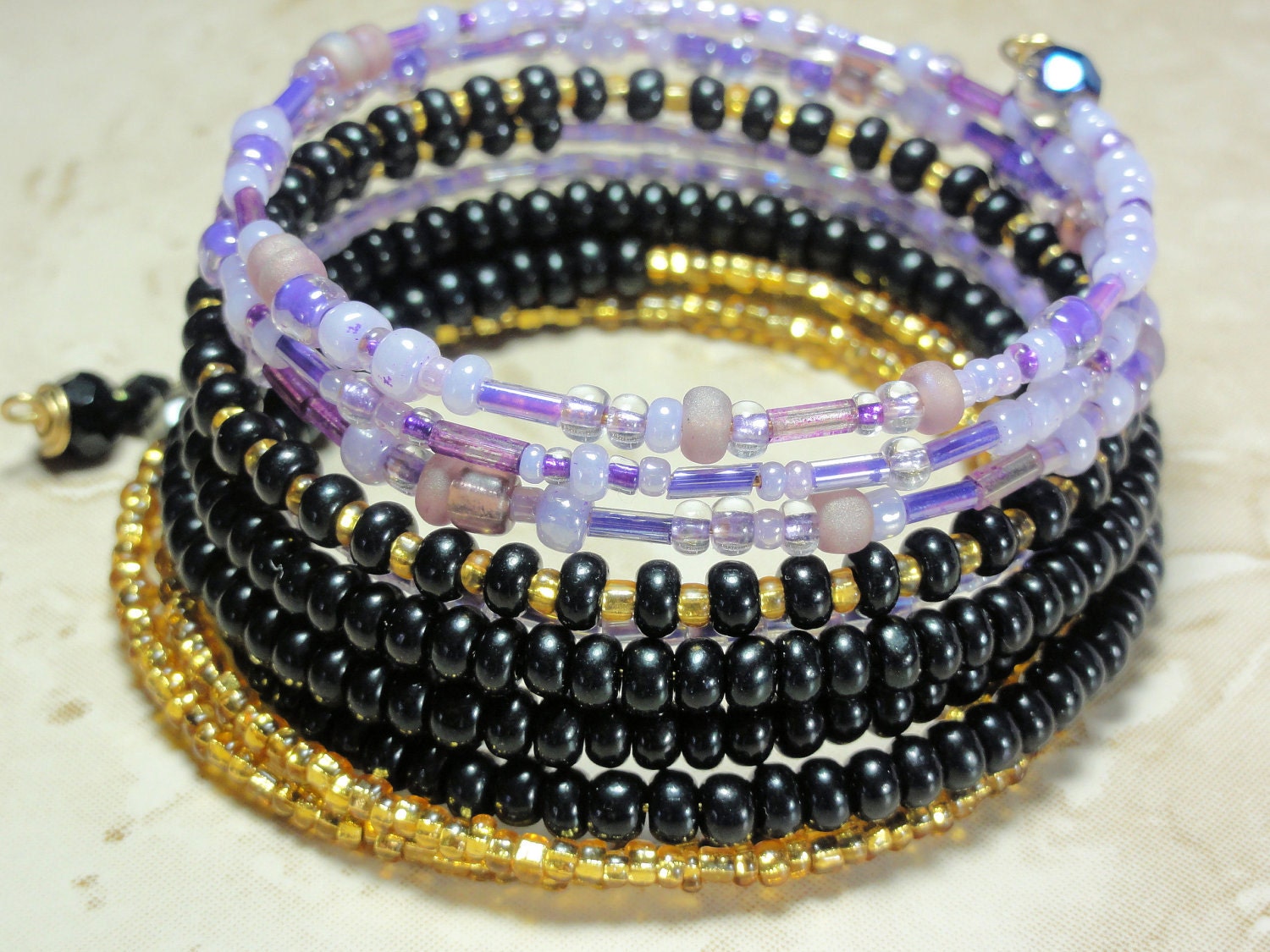 BRACELET - Black Gold Violet Bead Coil Wrap Jewelry Bracelet - Free Shipping