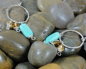 EARRINGS  - Turquoise Amber Faceted Bead Silver Hoop Dangle Drop Jewelry Earrings - Free Shipping
