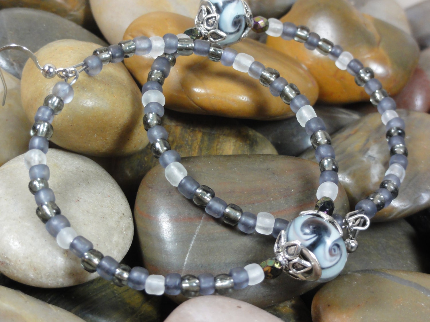 EARRINGS  - Black White Swirl Murano Glass Frosted Gray Bead Hoop Earrings - Free Shipping