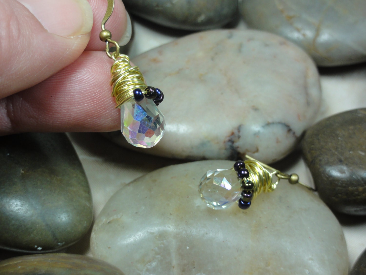 EARRINGS - Iridescent Teardrop Swarovski Crystal Bead Gold Wire Wrap Dangle Drop Jewelry Earrings - Free Shipping