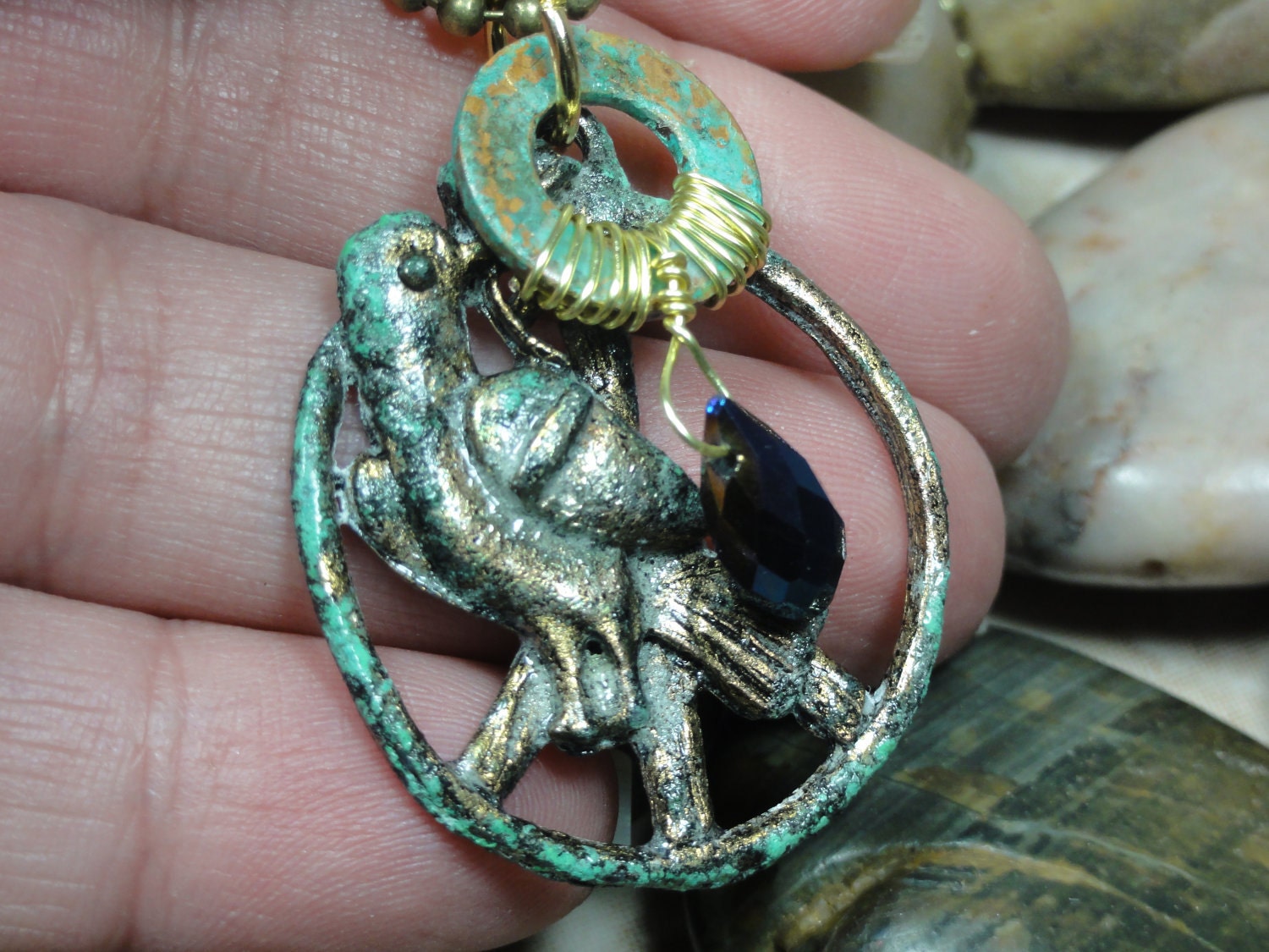 NECKLACE - Vintage Metal Bird Pendant Copper Patina Gold Wire Wrap Blue Faceted Teardrop Swarovski Crystal Jewelry Necklace Free Shipping
