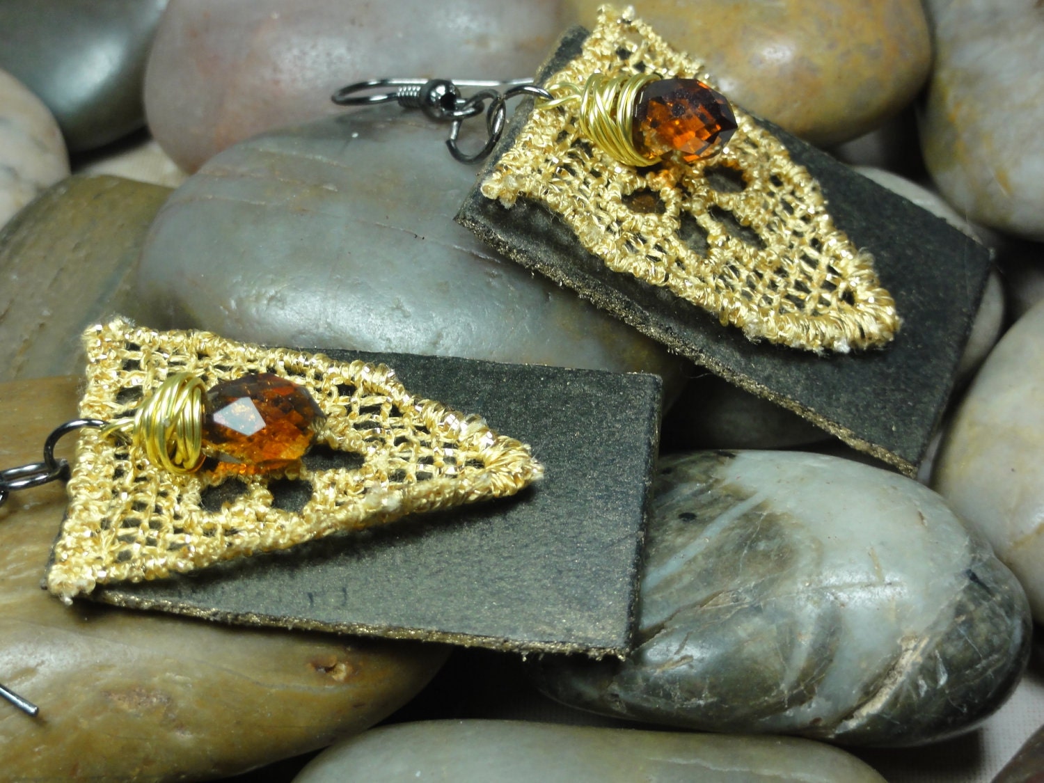EARINGS - Repurposed Brown Leather Gold Lace Wire Wrap Topaz Swarovski Crystal Jewelry Earings - Free Shipping