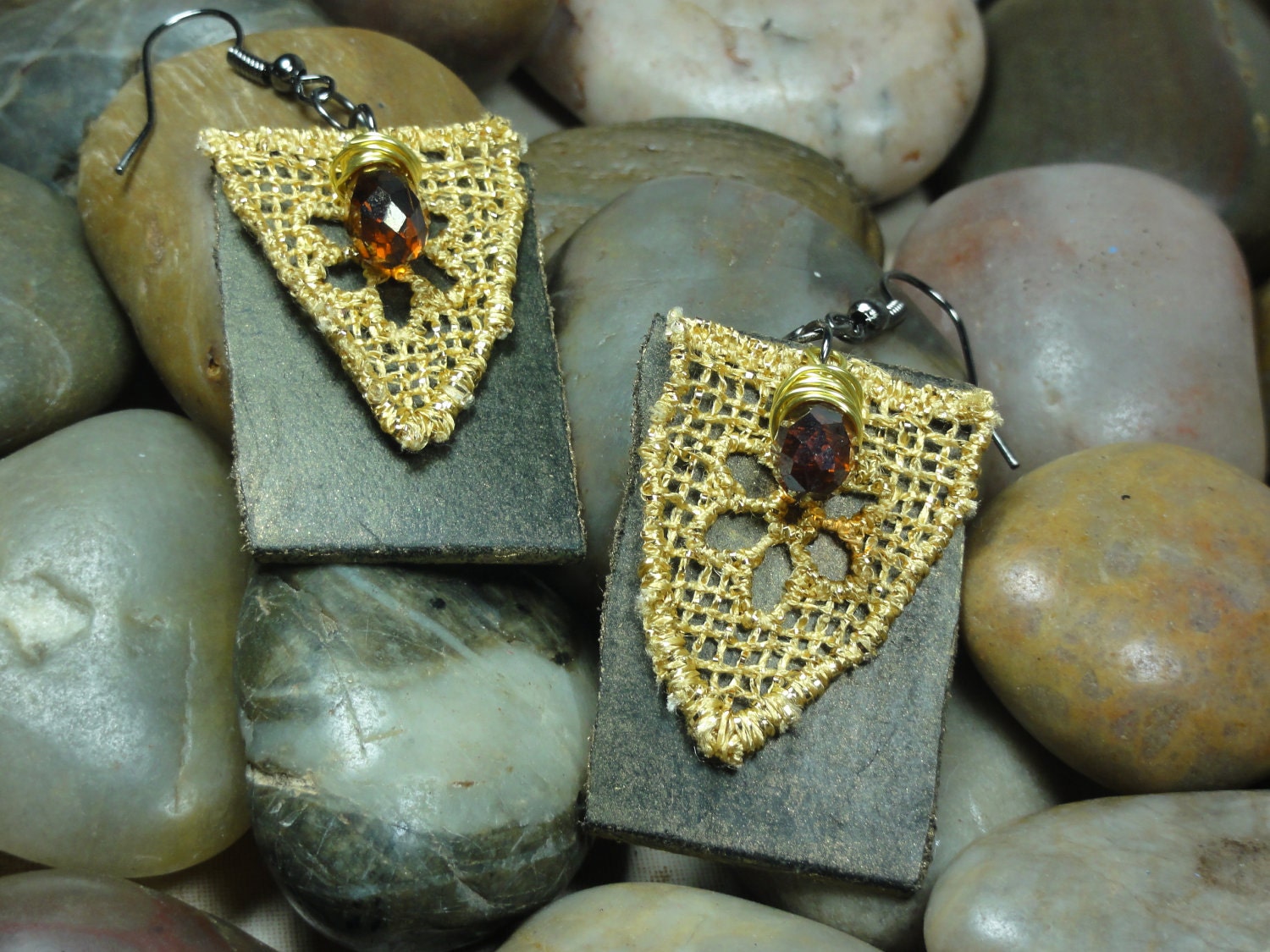 EARINGS - Repurposed Brown Leather Gold Lace Wire Wrap Topaz Swarovski Crystal Jewelry Earings - Free Shipping