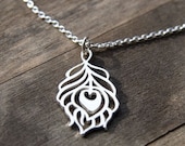 Silver Peacock Feather Necklace / Sterling Silver Cutout Feather Pendant / Simple Silver Necklace