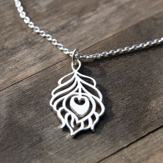Silver Peacock Feather Necklace / Sterling Silver Cutout Feather Pendant / Simple Silver Necklace