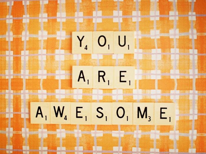 You Are Awesome. Retro Scrabble Tiles. Orange Plaids. Vibrant Sunny Square. Retro Affordable Art. Fathers Day. Fine Art Photography 5x7" - happeemonkee