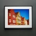 Norwegian Wooden Houses. Fine Art Photography. Bergen Wharf. Red Yellow. Blue Skies. Size A4