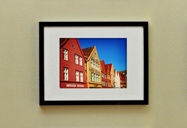 Norwegian Wooden Houses. Fine Art Photography. Bergen Wharf. Red Yellow. Blue Skies. Size A4