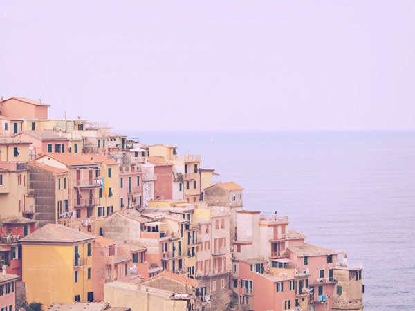Dreamy Cinque Terre. Italy Coast Photo. Mediterranean. Fine Art Photography. Shabby Chic. Pink Orange. Size A4
