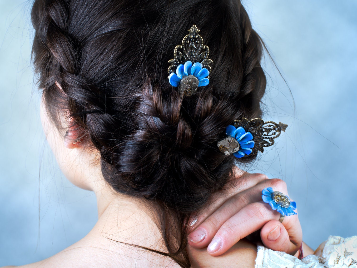 Make to order - Blue Flower Clips and Ring with real clock mechanism