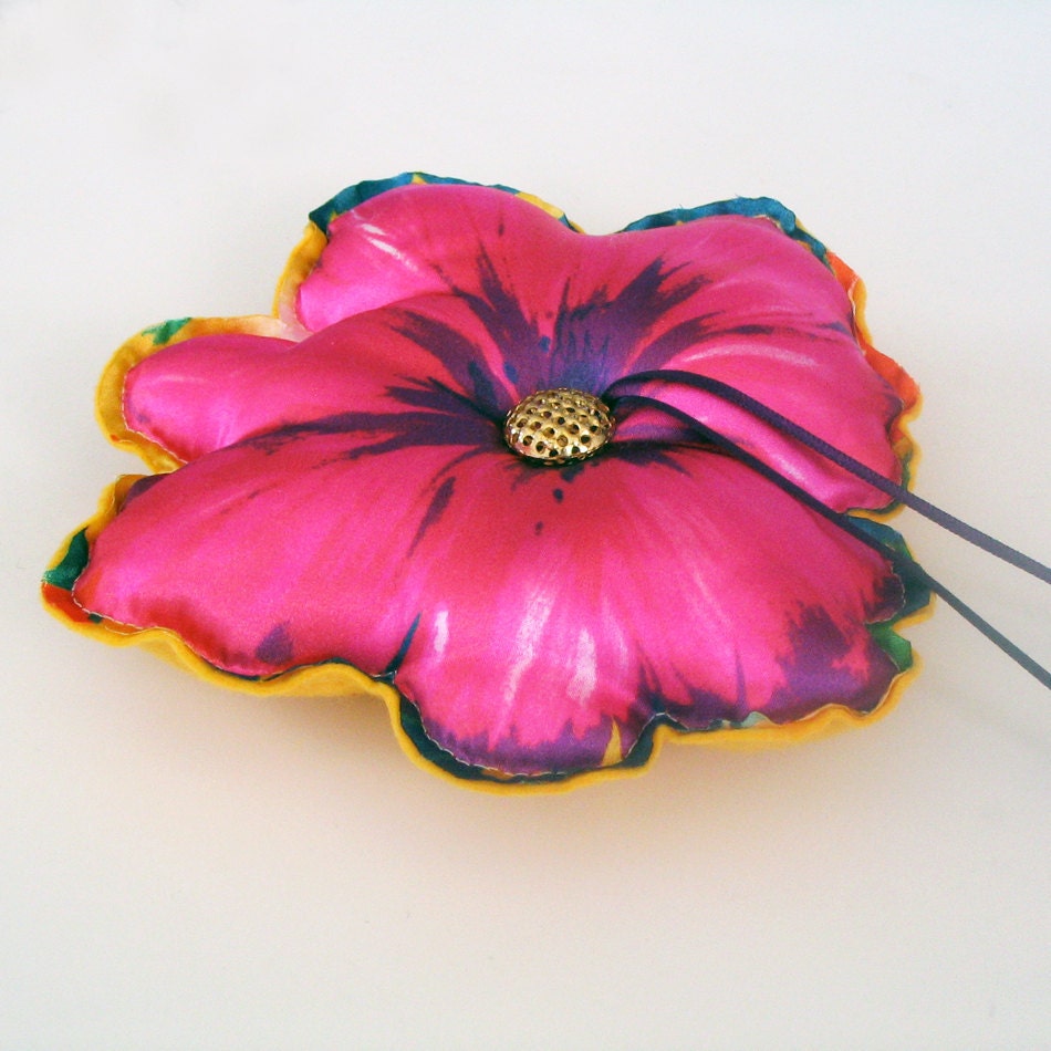 Weddings ring pillow, baby shower cushion, fucshia pink flower, hawaian weddings, handmade