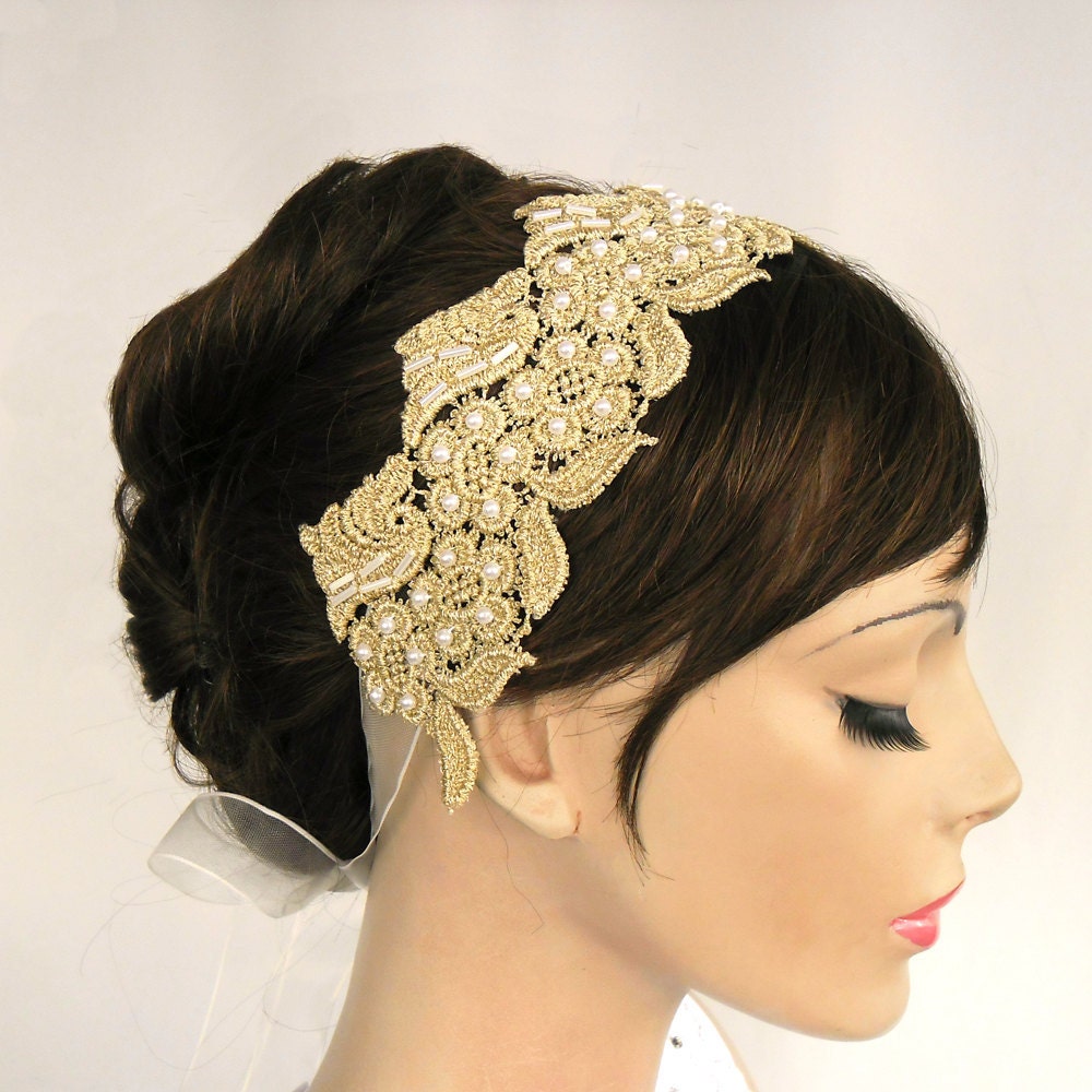 Gold Lace Bridal Weddings Headband in Roman Style. Handmade in Unique Design