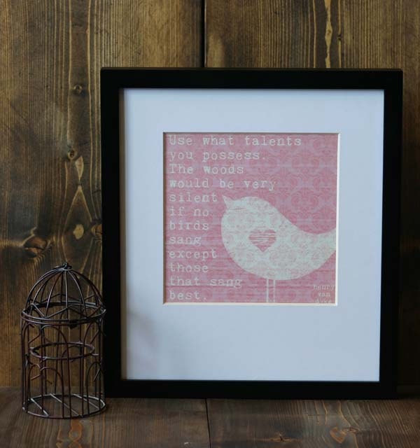 Songbird - Original Modern Bird Print Pink Damask Ivory Cream  - 8x8 Mothers Day Easter Spring