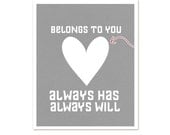 My Heart Belongs to You - Modern Original Love Art Print - Grey Red and White - 8x10 Gifts Under 25Valentines Day