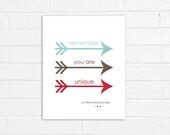 Arrows You are Unique Funny Inspirational Poster - Original Modern 8x10 Print - Arrows Sarcastic Humor - Brown Red Aqua Blue Gifts Under 25