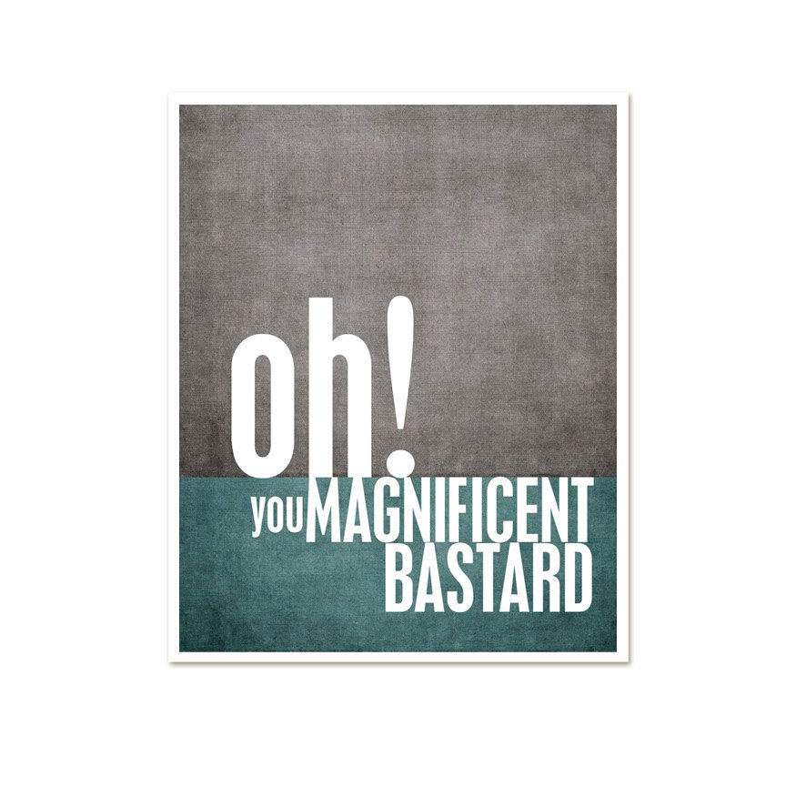 Magnificent Bastard Fathers Day Gift Charcoal Gray and Teal Blue- Silly Funny Quote Modern Print Grey Teal Blue - For Him
