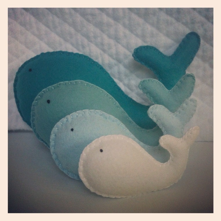 Ombre Whales--in blue hues, peacock, swan, icicle and white ocean beach