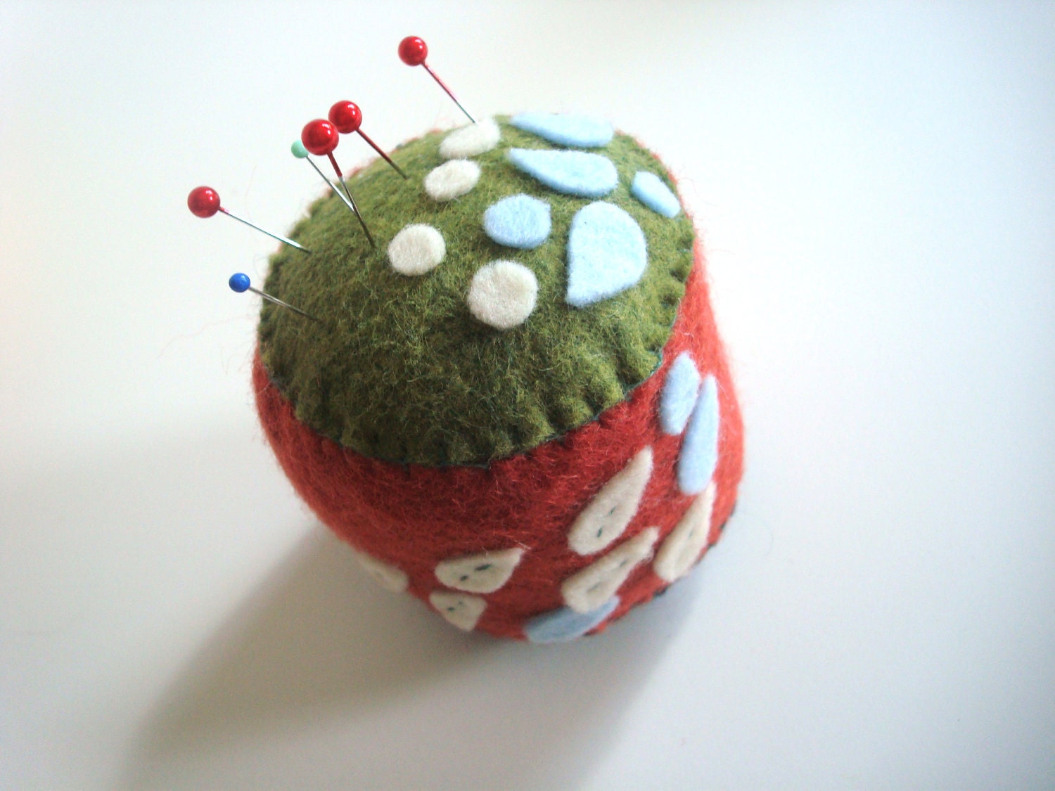 SMALL PIN CUSHION wool and eco dark red, moss green, light blue and cream leaves hand stitched cushion