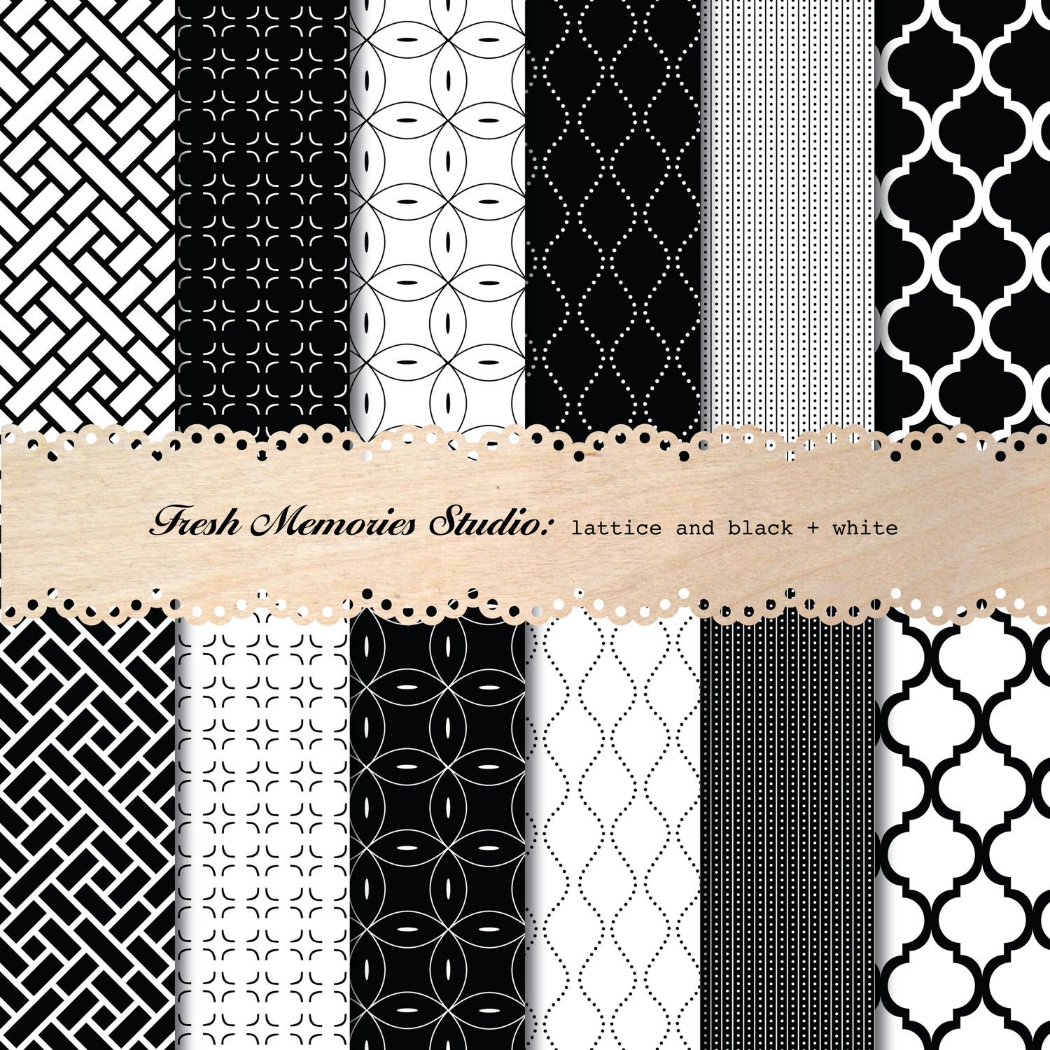 Lattice in Black and White. 12x12. Modern Digital Printable Paper Pack for cards, scrapbooking or commercial.