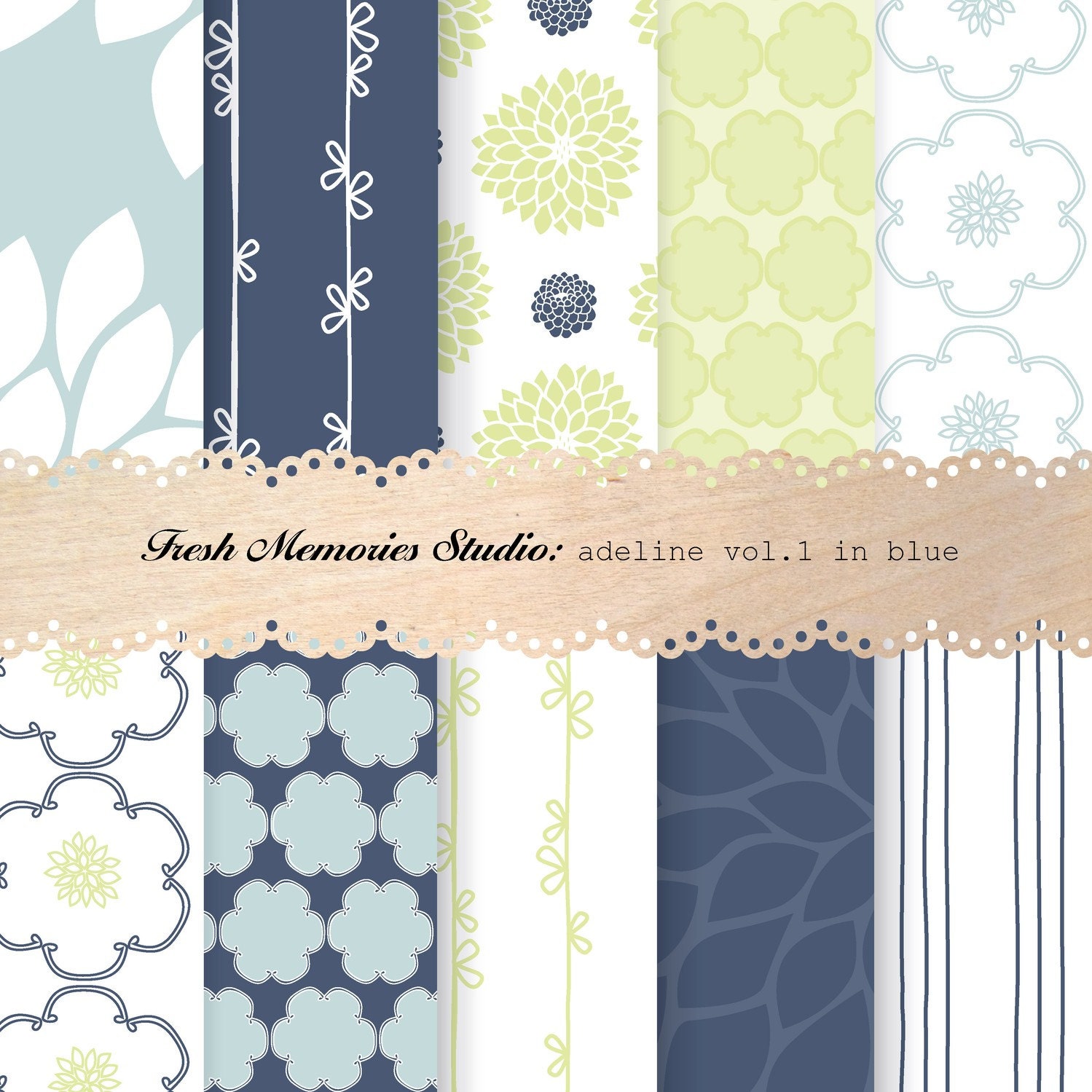 Adeline vol. 1 in blue and green. 12x12. Mod Digital Printable Paper Pack.