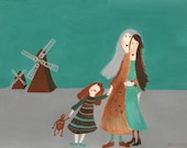 Four in La Mancha - giclee art print kids wall art willow green windmills living room limited edition bedroom nursery ooak wall decoration