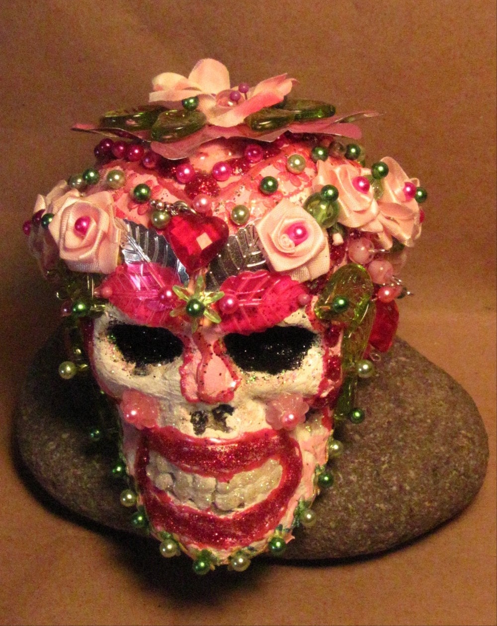 No. 6 Dia de los Muertos DAY of the DEAD art sugar skull OOAK Pink Roses 4"