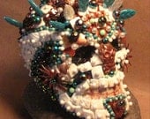 No. 7  OOAK Day of the Dead  art sugar SKULL copper mosaic Dia de los Muertos 4"
